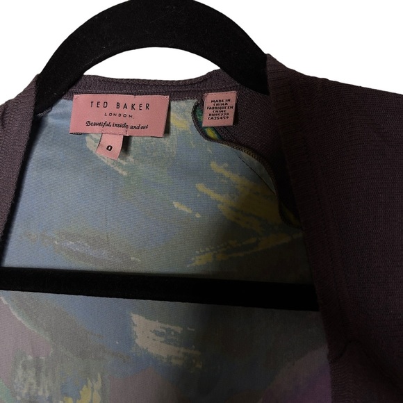 Ted Baker Floral Back Long Sleeve Taupe Brown Waterfall Open Cardigan Size 0 - Picture 4 of 7